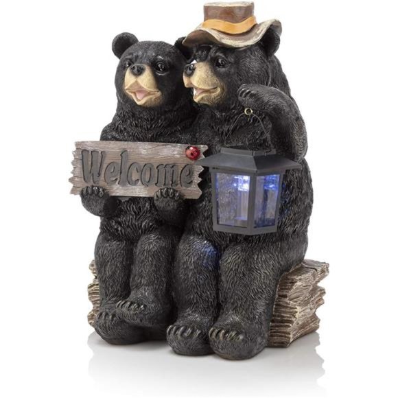 15" Tall Outdoor Bear Couple with Lantern Welcome Sign Statue with Solar LED - Picture 1 of 6